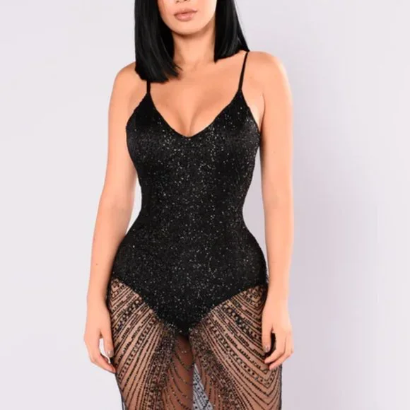 Black glitter mesh overlay cocktail dress with attached bodysuit Size Medium - Picture 4 of 4